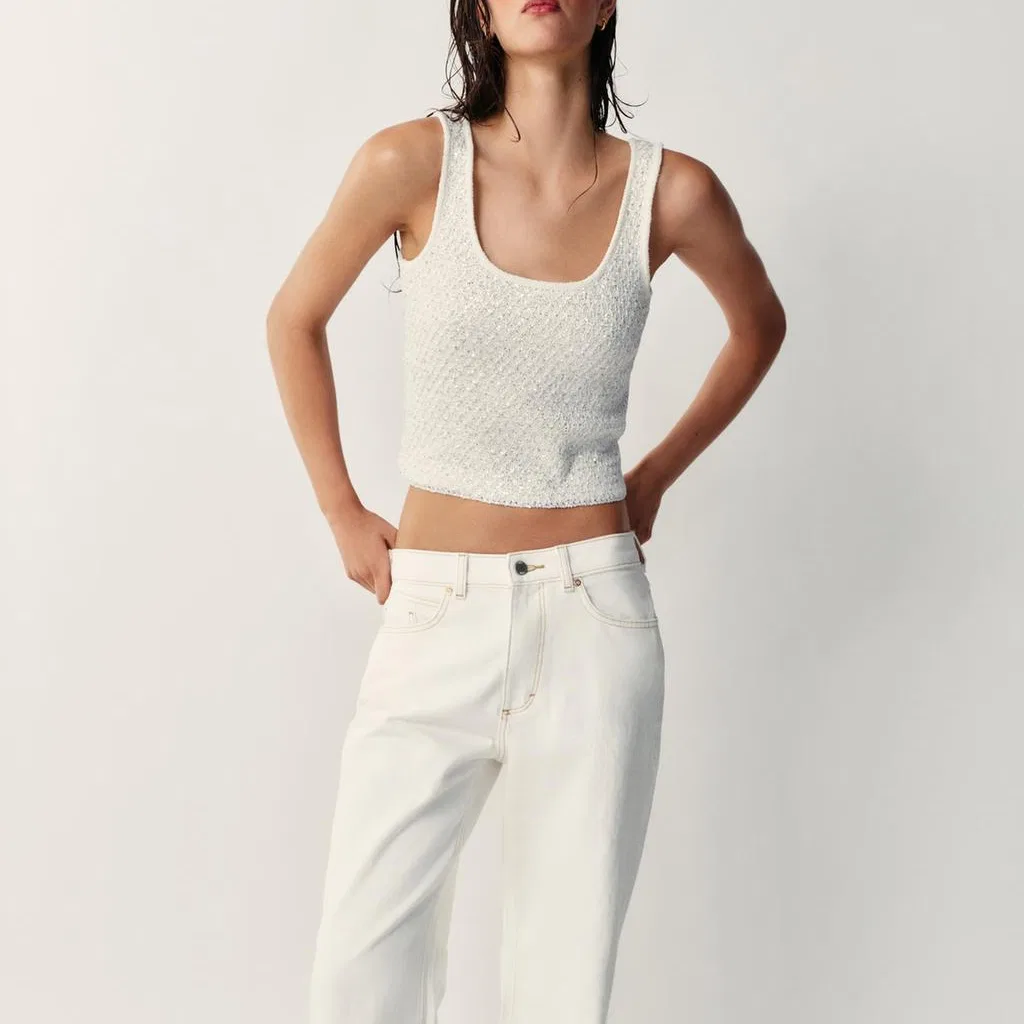 Женский топ без рукавов с круглым вырезом Raw White ZARA, Белый — фото 4