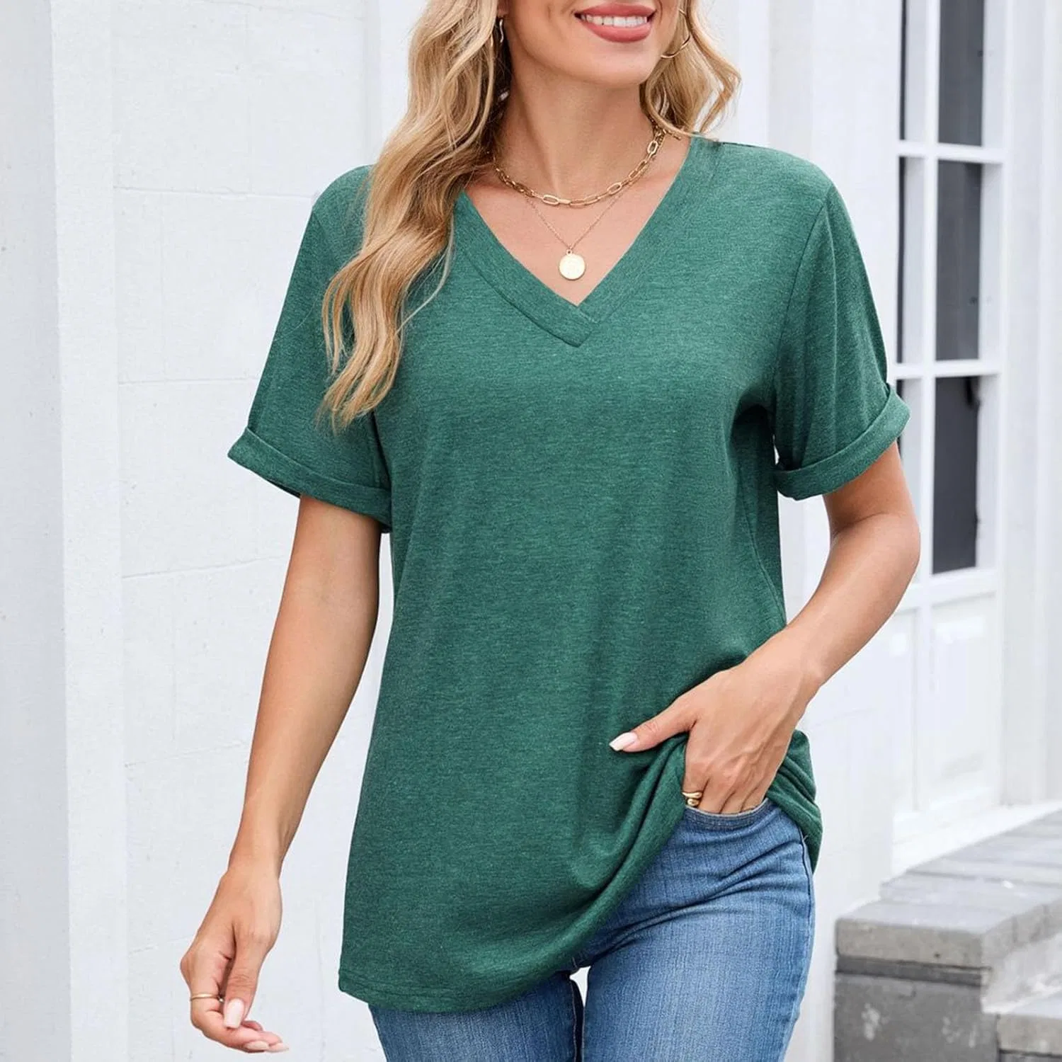 Женская футболка с V-образным вырезом Summer Tops, Green — фото 2