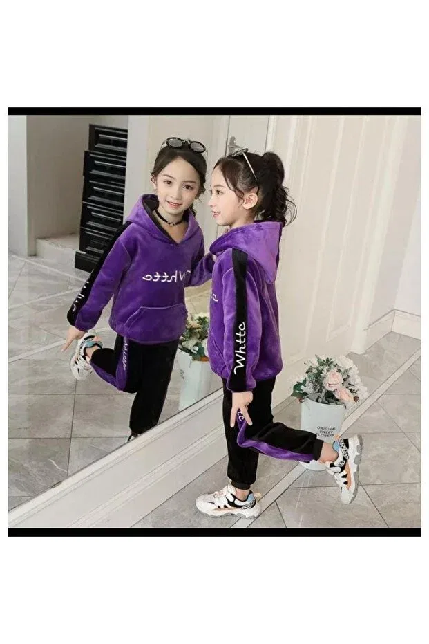 Детский комплект для девочек с вышивкой Striped Detailed Embroidered Hooded Kangaroo Pocket French Velvet Waiter Boy Girl Tracksuit Set Modavals, Multicolor — фото 3