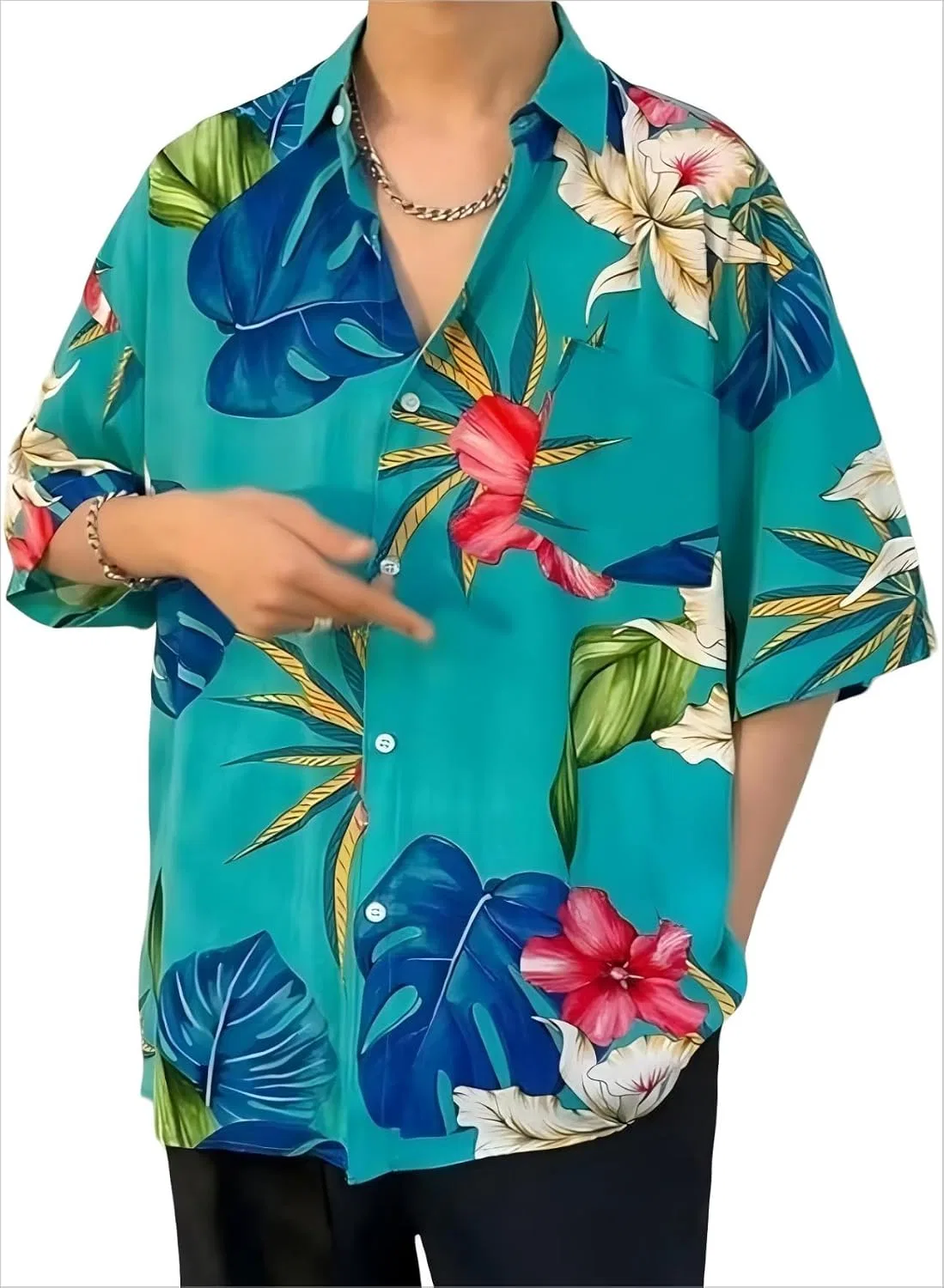 Мужская рубашка с коротким рукавом и тропическим принтом, Floral Print Turquoise — фото 3