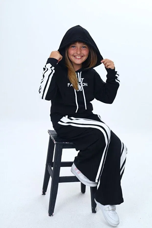 Детский спортивный комплект для девочек оверсайз Oversize 2 thread girls sports bottom & top tracksuit set Joui Co, Black — фото 4