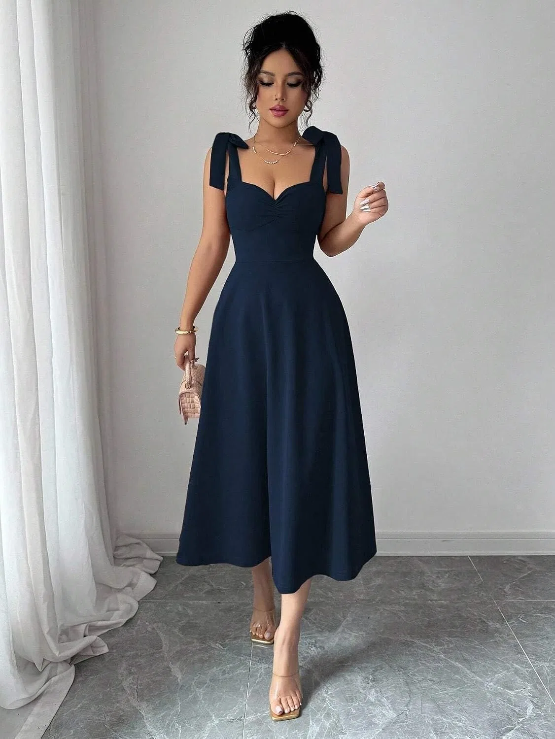 Женское коктейльное платье с бантом на талии, Navy Blue — фото 2