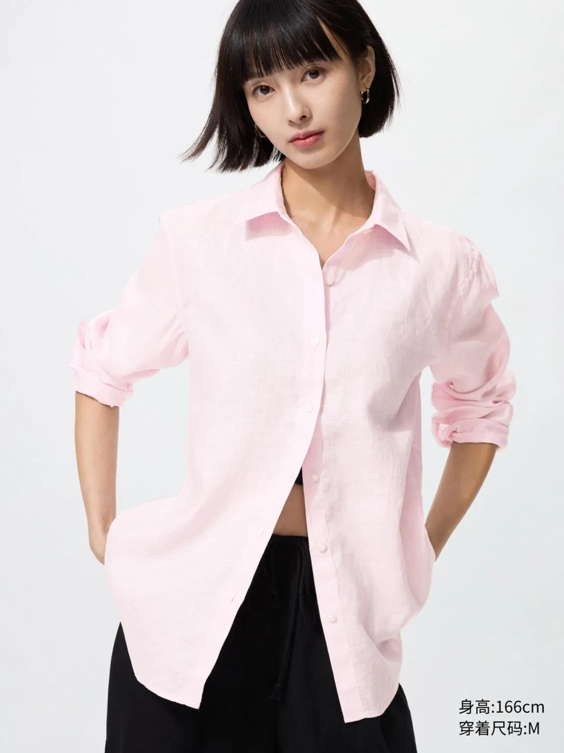 Рубашка с длинным рукавом из французского льна Uniqlo, розовая