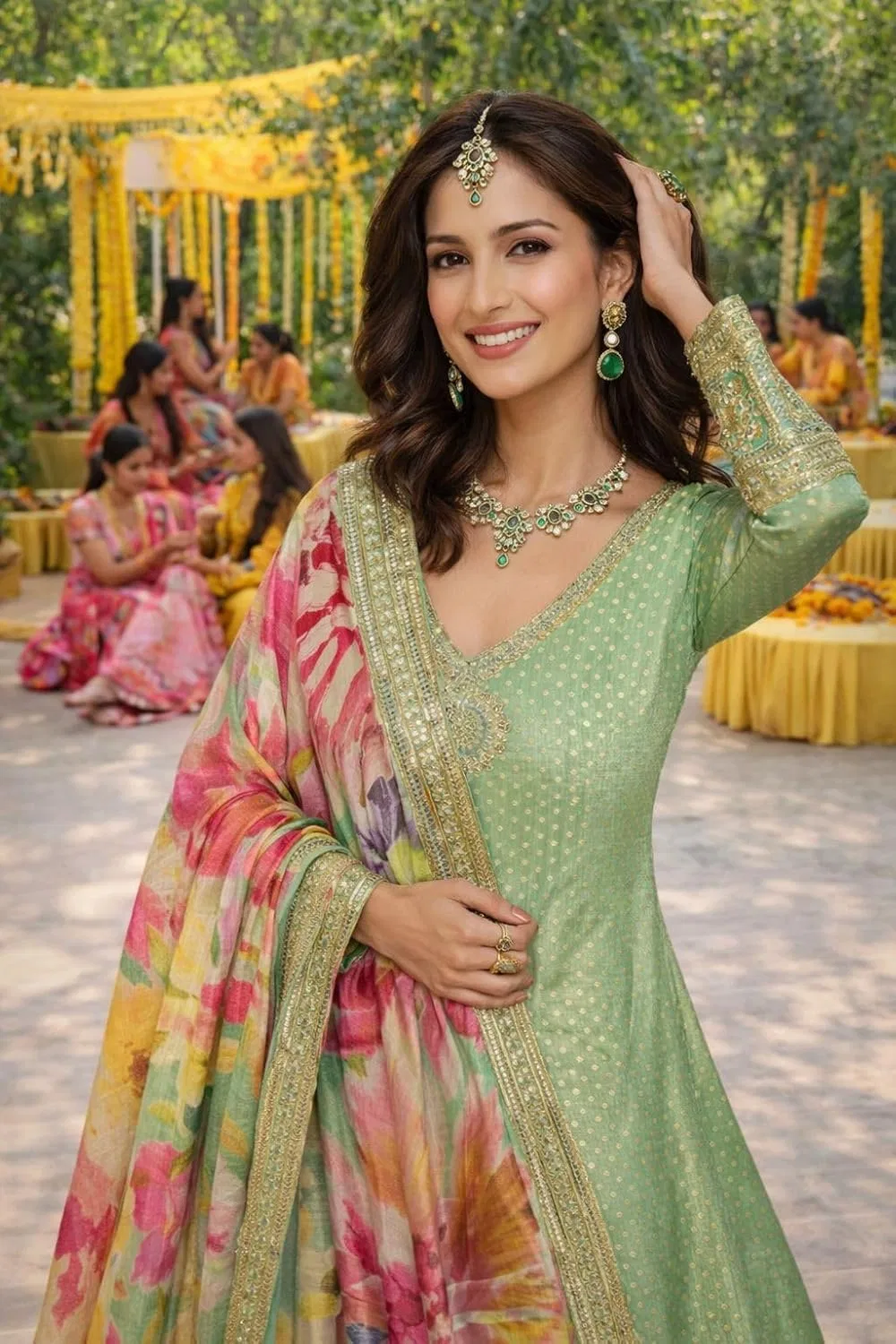 Женское платье из шелка с вышивкой, Anarkali Suit, зелёный — фото 3