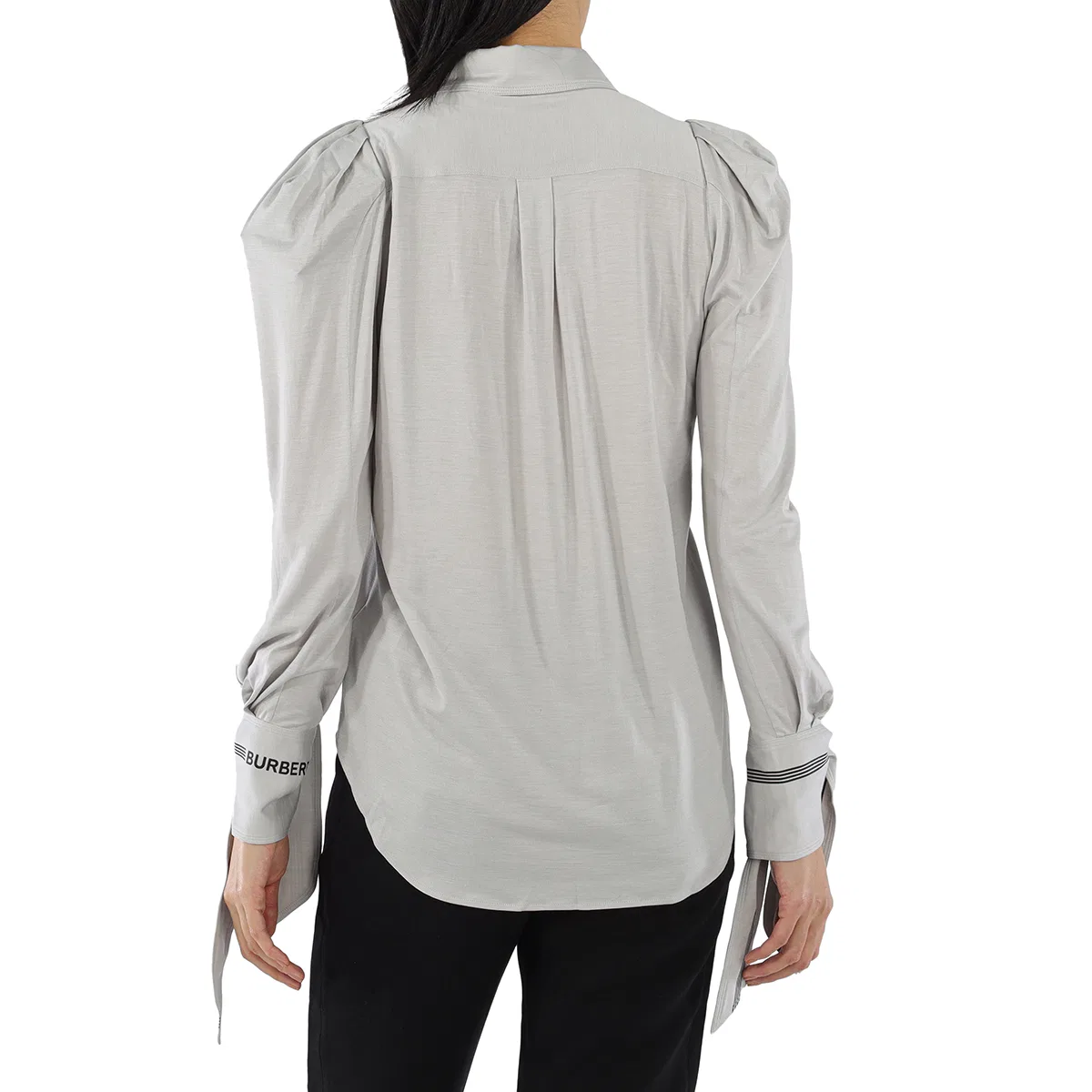 Рубашка женская из шерсти и шелка Stripe And Logo-trimmed Burberry, Grey Melange — фото 3