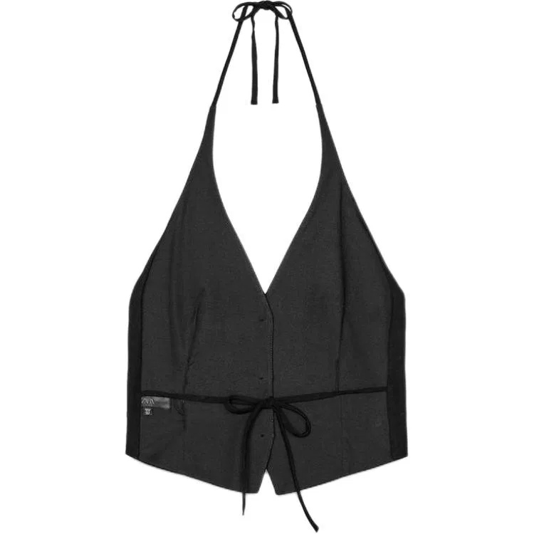 Женский топ-майка с завязками на шее Black ZARA, Черный — фото 3