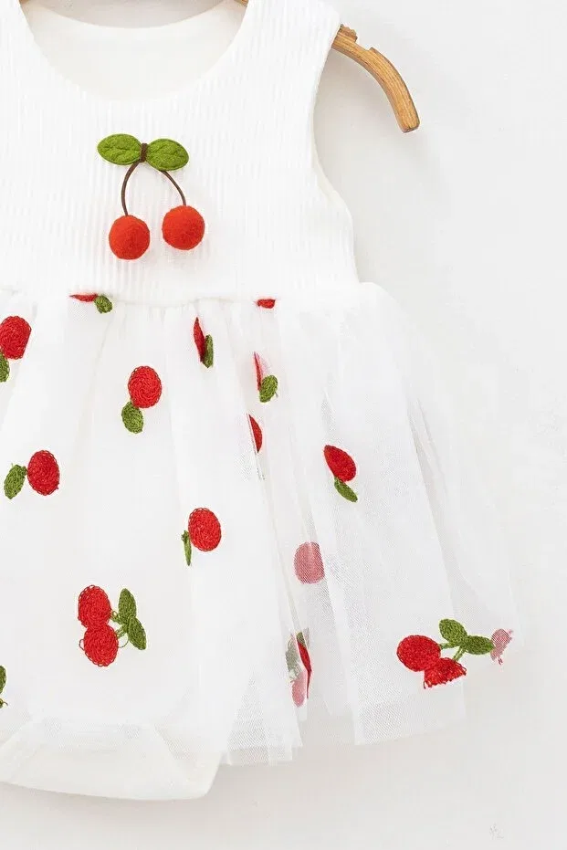 Детское платье для девочек хлопковое Cherry Detailed Tulle Dress Beniizle, White — фото 4