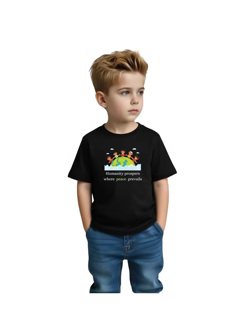 Футболка с принтом Peace & Humanity для мальчика Printshop4Me, черный — фото 2