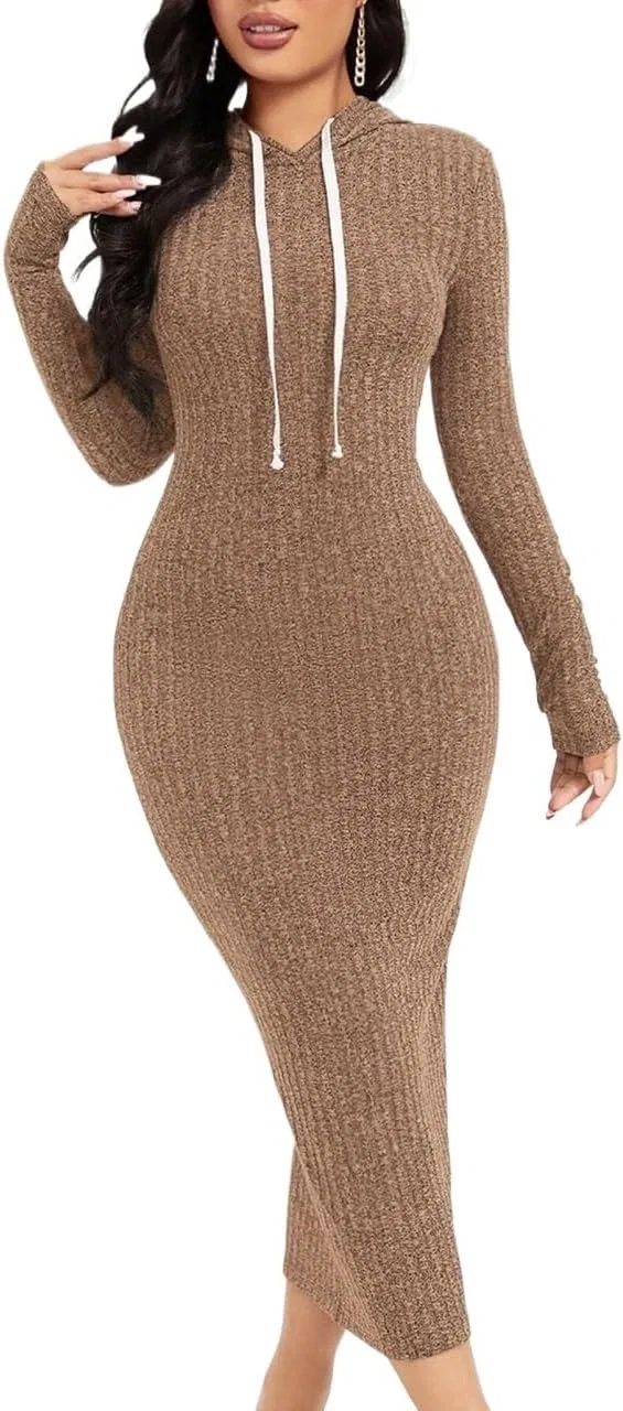 Женское платье с капюшоном и длинным рукавом Rib-Knit, Mocha Brown — фото 4
