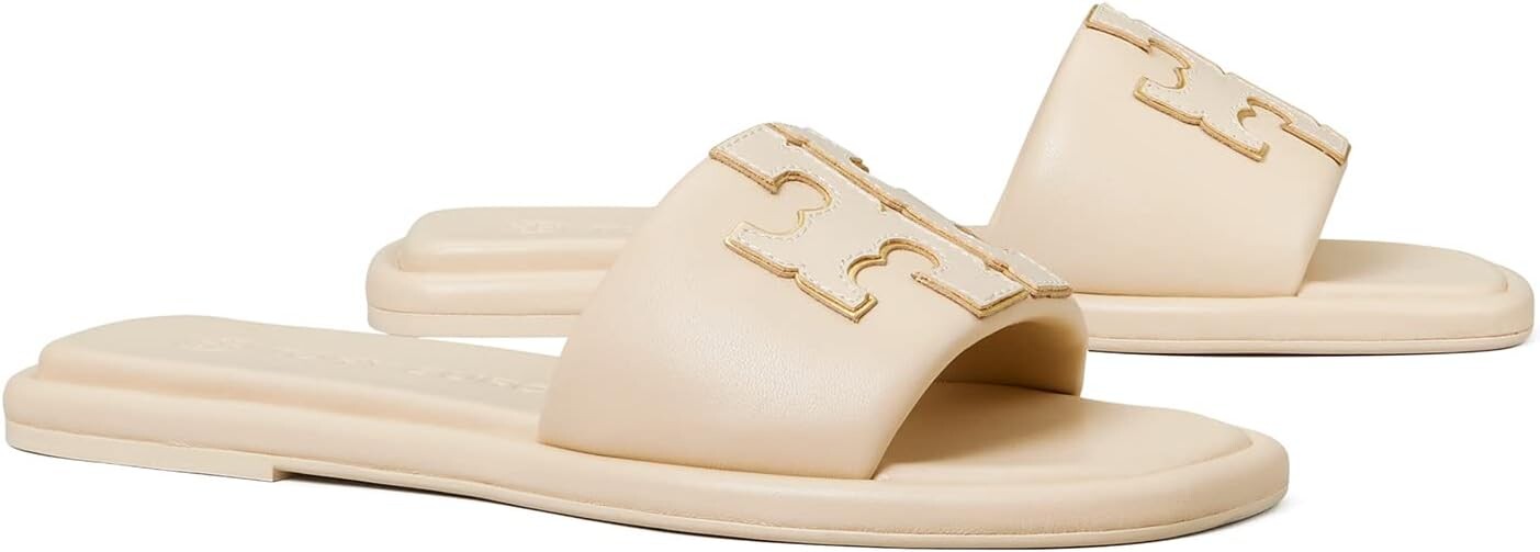 Сандалии на плоской подошве Double T Sport Slide Tory Burch, цвет Dulce De Leche/Gold