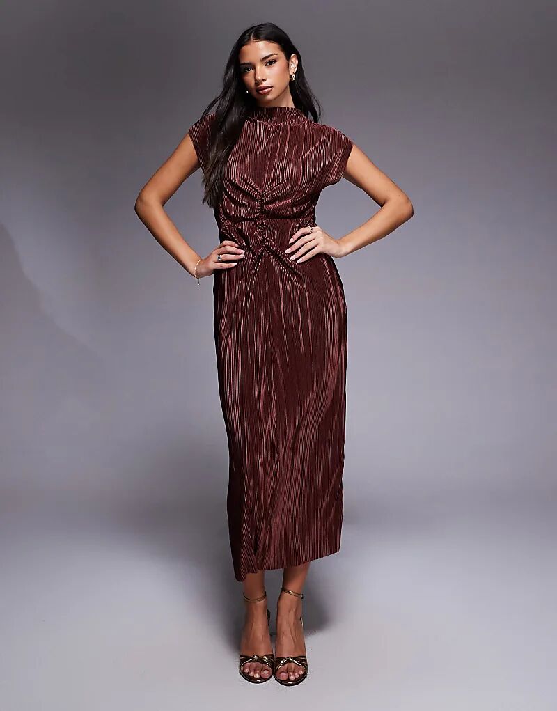 

Платье миди ASOS DESIGN с плиссировкой, высоким воротом и сборками шоколадного цвета