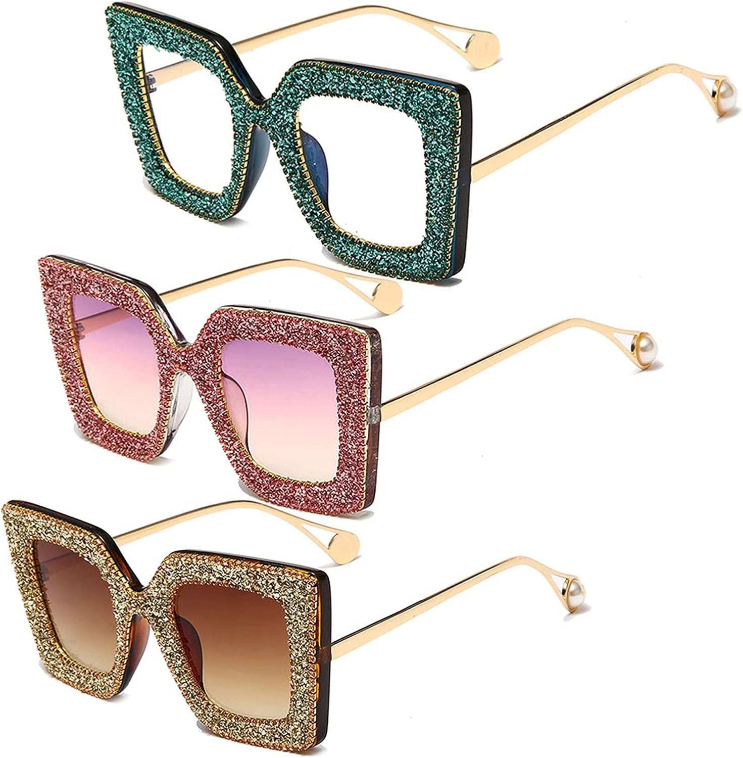 

willochra Милые сверкающие хрустальные солнцезащитные очки для женщин, квадратные солнцезащитные очки со стразами, блестящие бриллиантовые солнцезащитные очки для вечеринки, 3pack-leopard&purple Yellow&green Plian