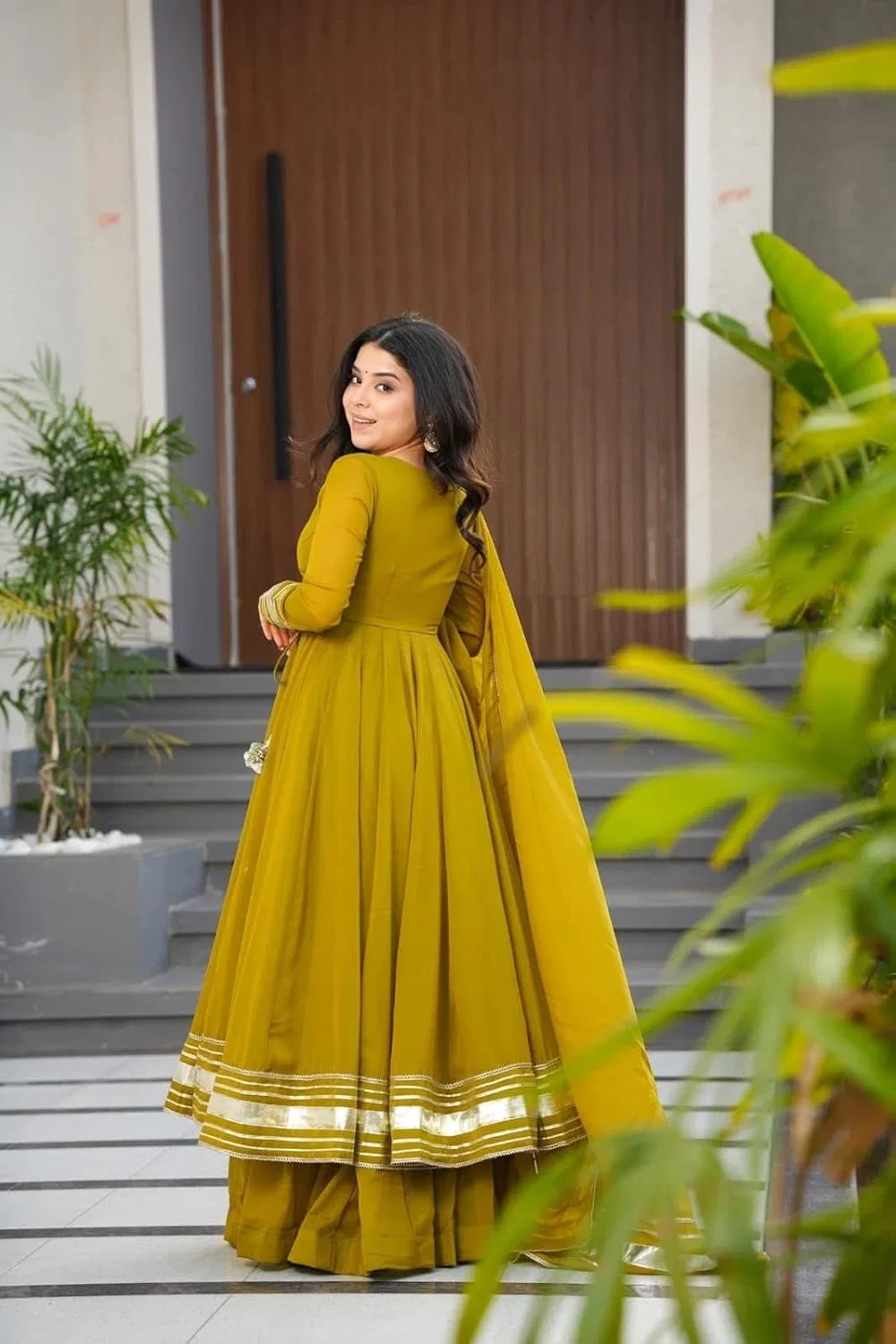 Женское платье-анаркали из шифона с отделкой, Anarkali Suit 20001, горчичный — фото 3
