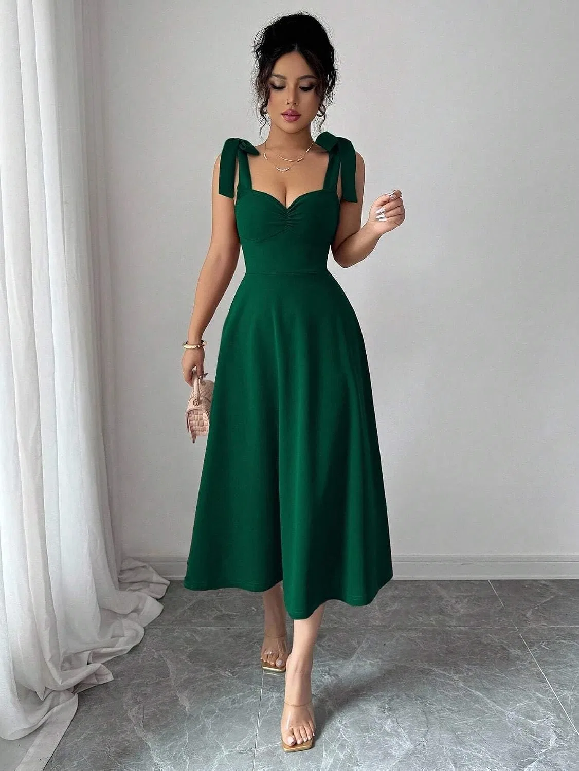 Женское элегантное платье миди с завязкой на талии, Dark Green — фото 2