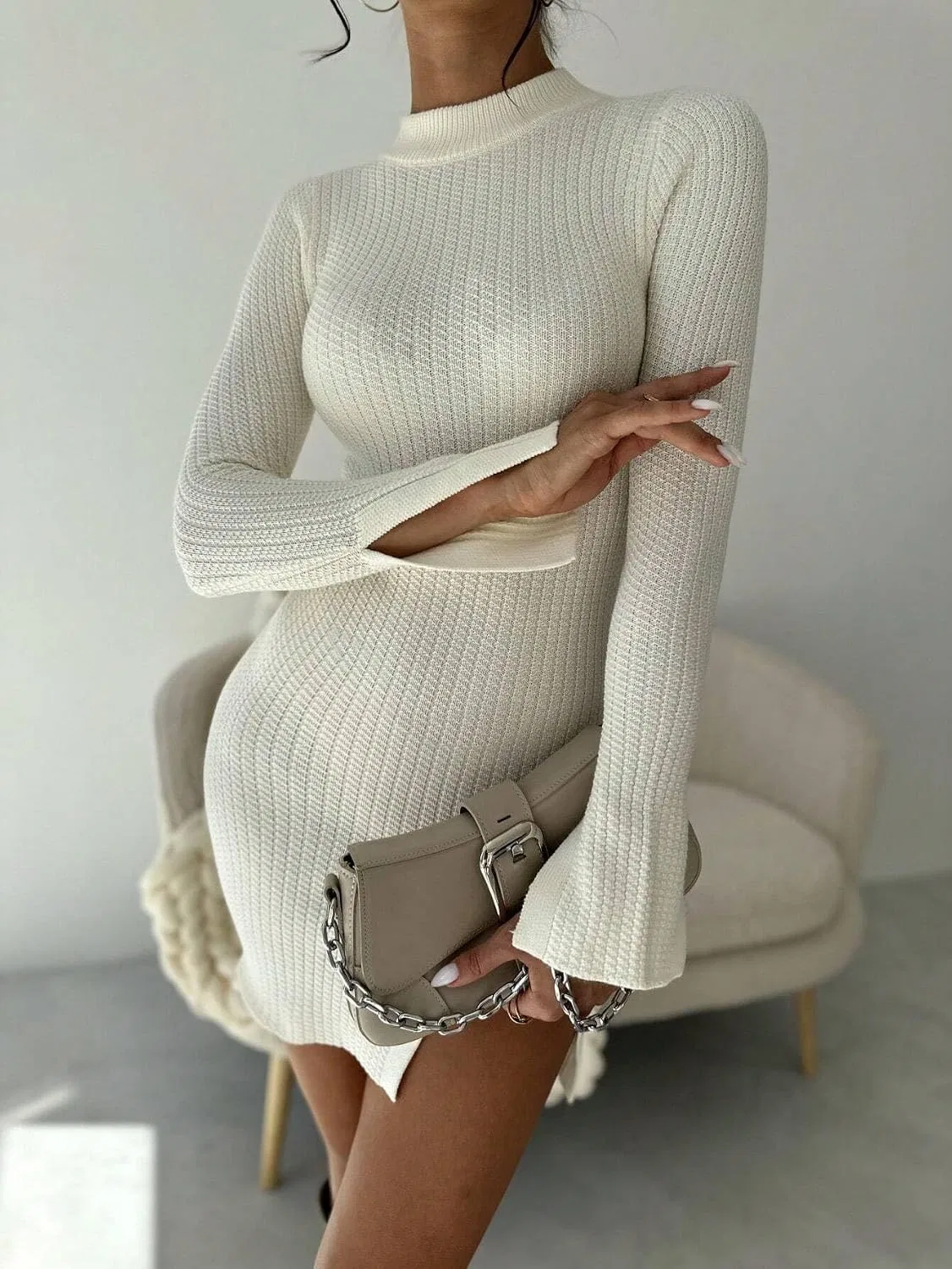 Женское элегантное платье-свитер с длинным рукавом, Apricot — фото 4