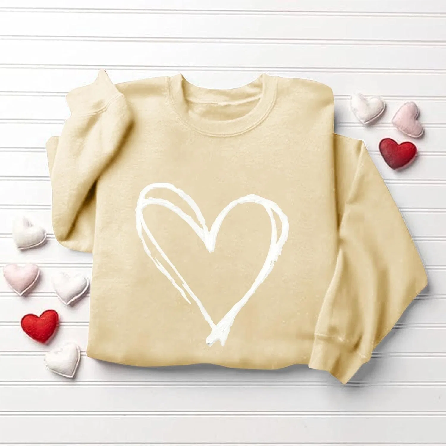 Женский свитшот с принтом Valentine Heart, с длинным рукавом, хлопковый, бежевый — фото 3