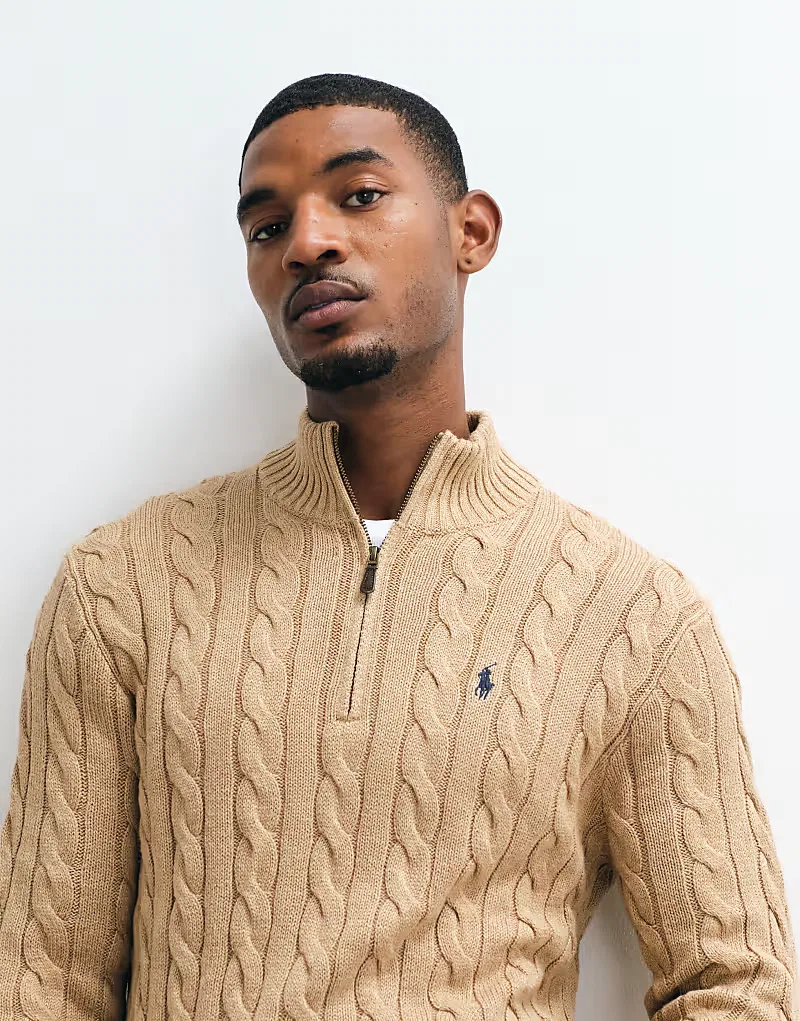 Хлопковая толстовка Polo Ralph Lauren с логотипом Icon и косами, застежка-молния до середины груди, бежевый — фото 2
