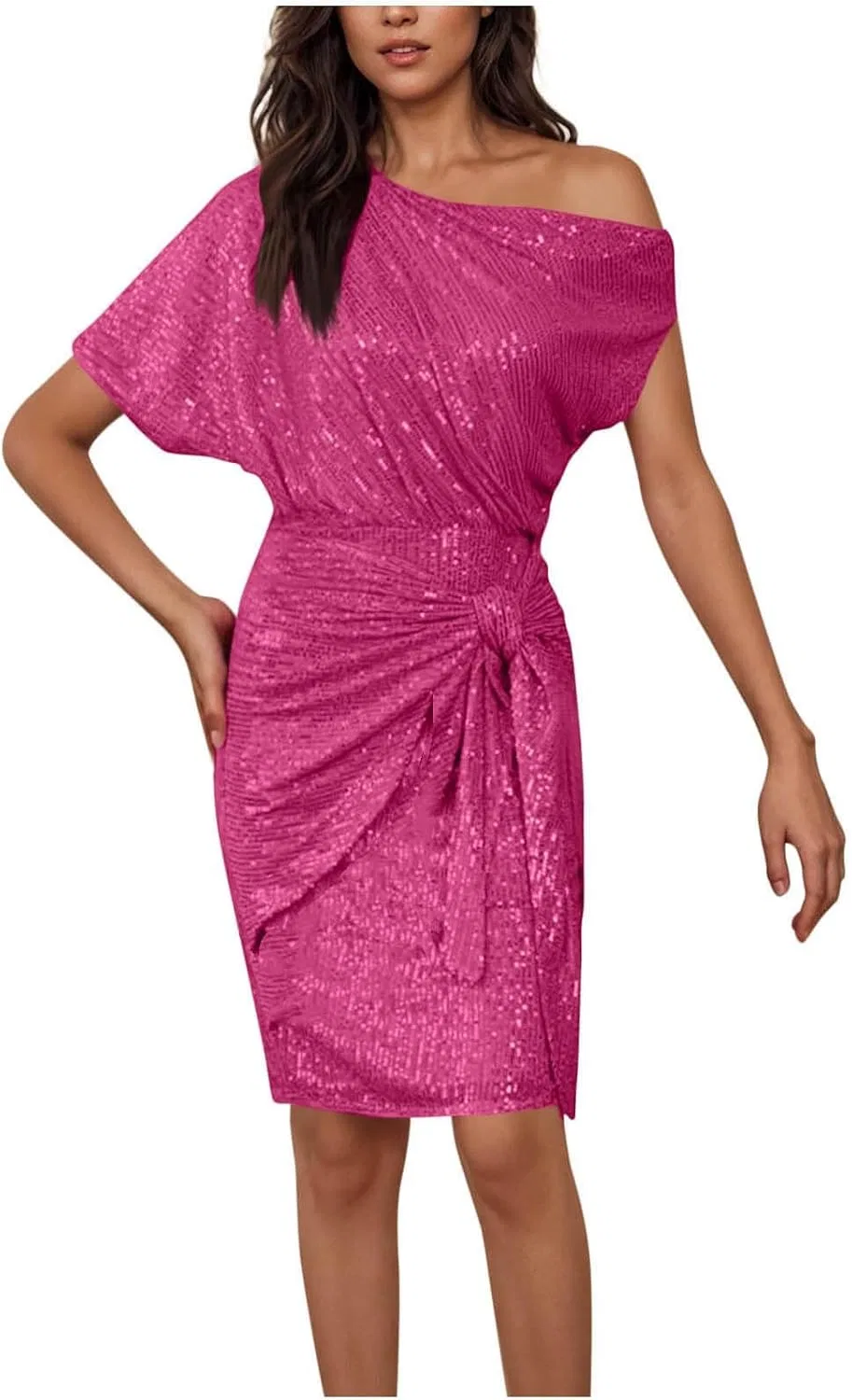 Женское коктейльное платье с пайетками и одним плечом, Dark Pink