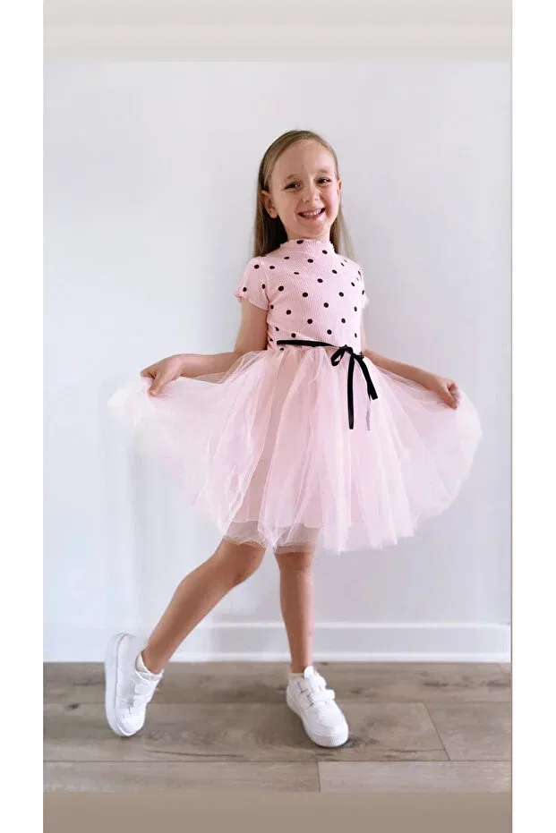 Детское платье для девочек с длинным рукавом Linda short sleeve girls princess fluffy powder pink dress polka dot stretchy lycra tutu dress Şirin Şeyler Butiği, Powder Pink — фото 3