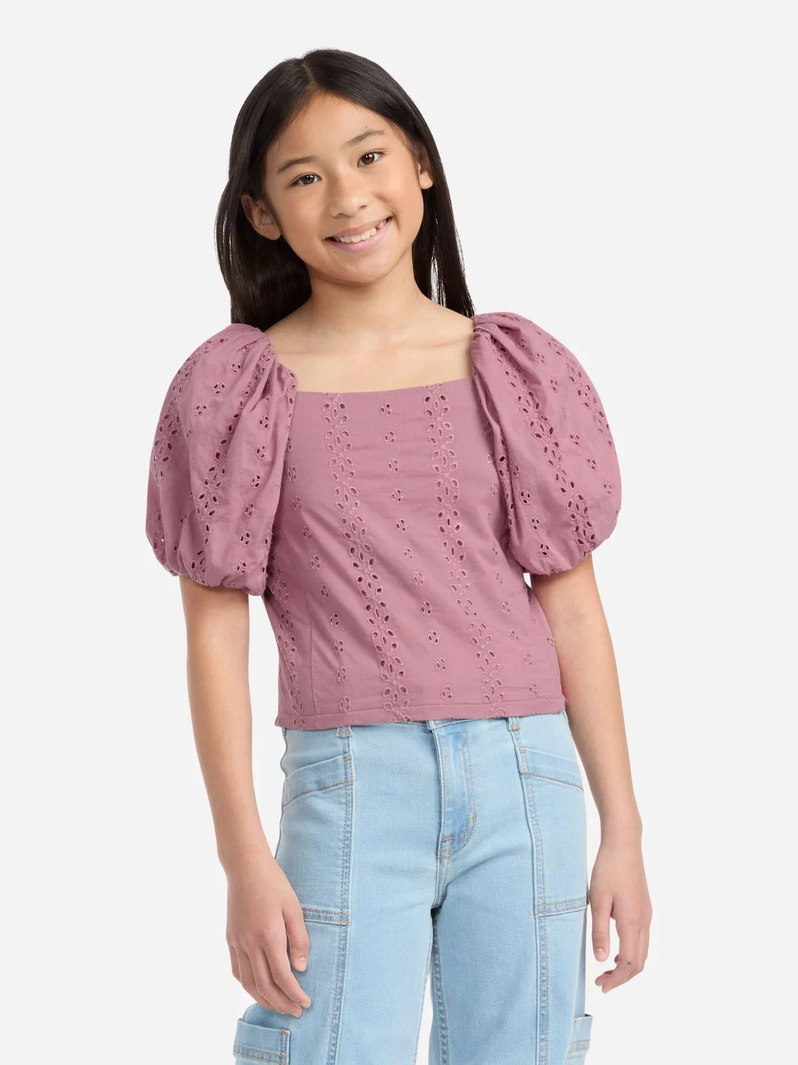 Топ с пышными рукавами Eyelet Abercrombie & Fitch, розовый