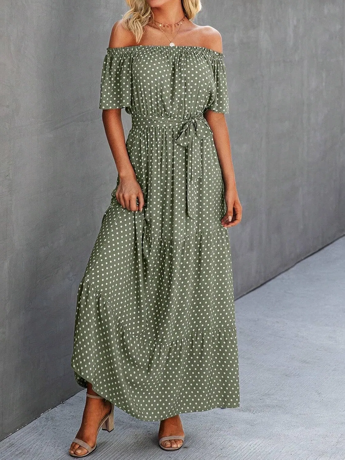 Женское макси-платье с горошком A-line Off-Shoulder, Green — фото 4