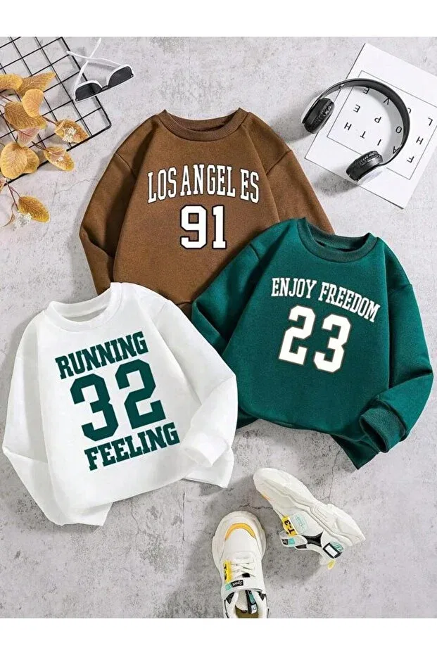 Детские свитшот с принтом 3-pack embossed sweatshirt Morning Kids, Green-White-Coffee