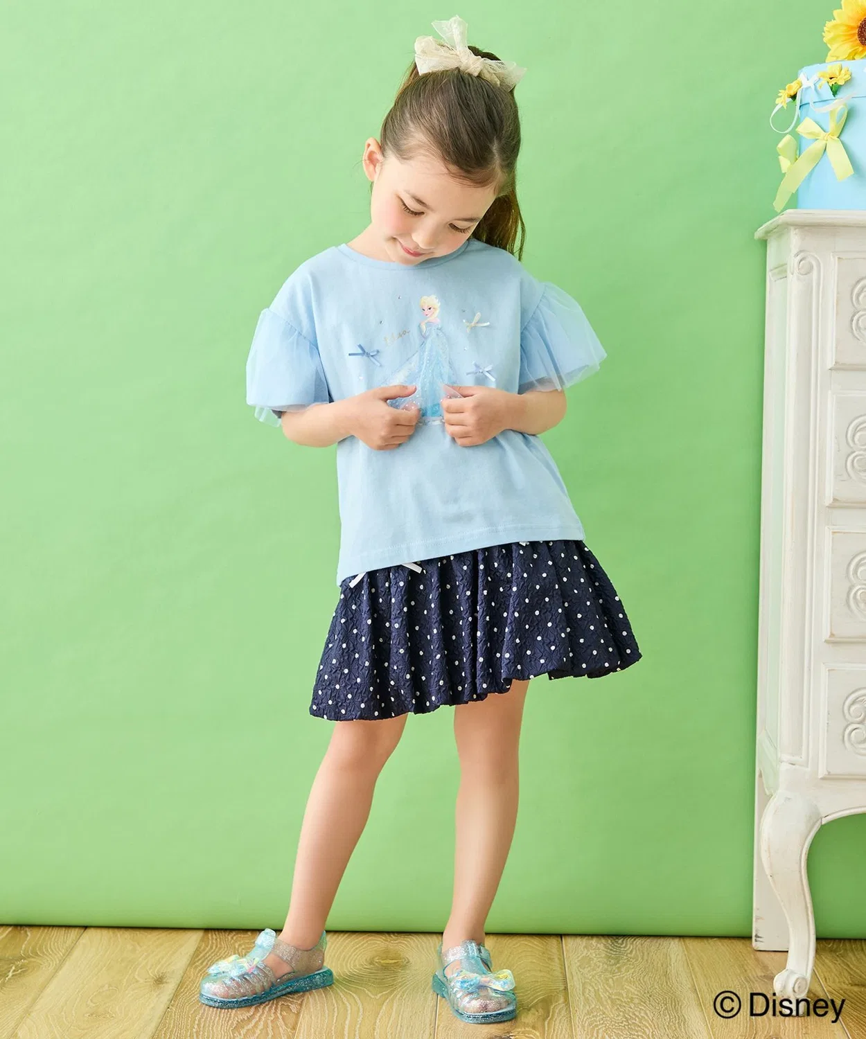 Детская футболка с принтом и рукавом-фонарик, модель Anna/Elsa Disney, Light Green — фото 4