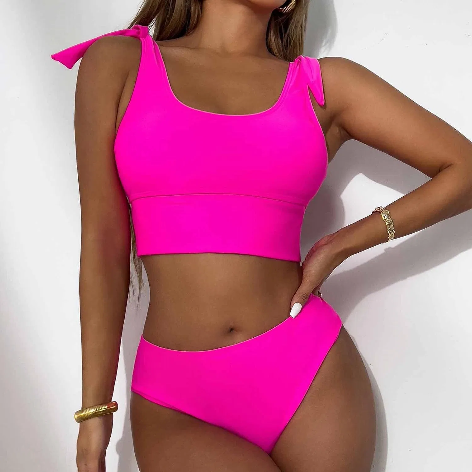 Женский купальник раздельный с высокой талией, Hot Pink — фото 4