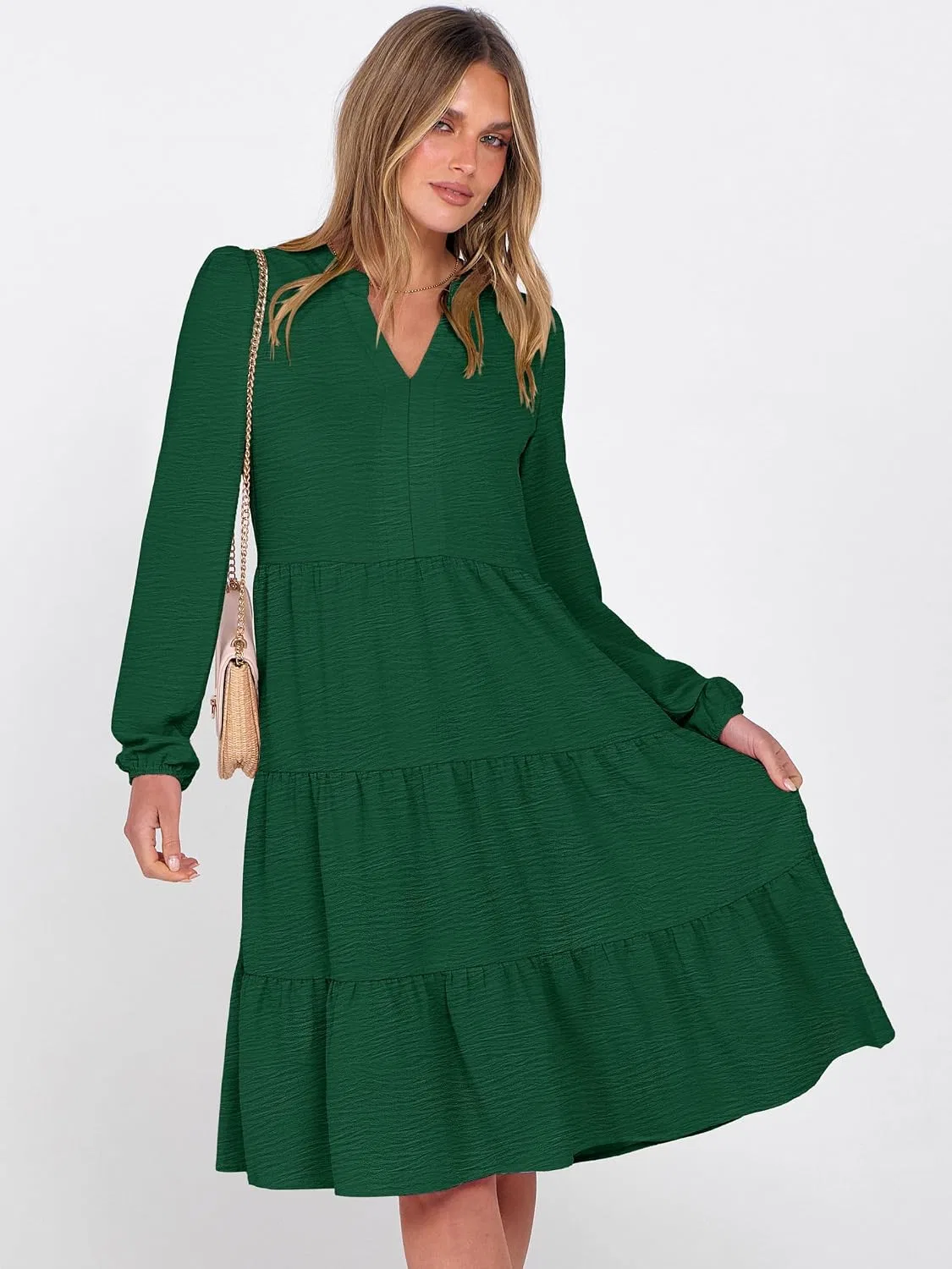 Женское платье миди с воротником V и ярусами, Green — фото 2