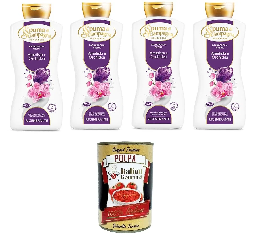 Гель для душа регенерирующий Spuma di Sciampagna, Amethyst and Orchid Cream, Italian Gourmet E.R., 4 x 650 мл + Polpa di pomodoro 400 г