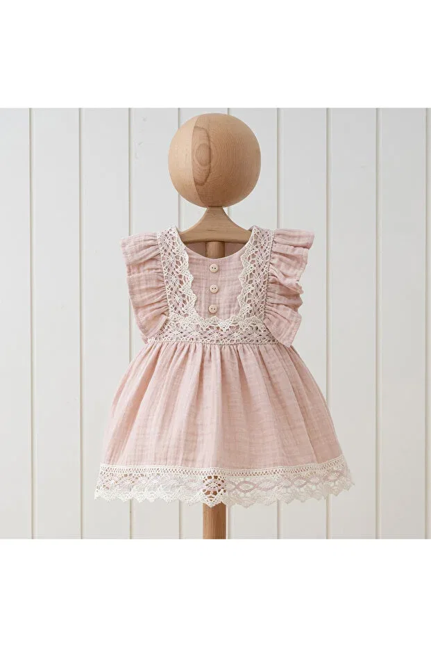 Детское платье для девочек кружевное Muslin elegant lace embroidered baby dress Didustore, Salmon