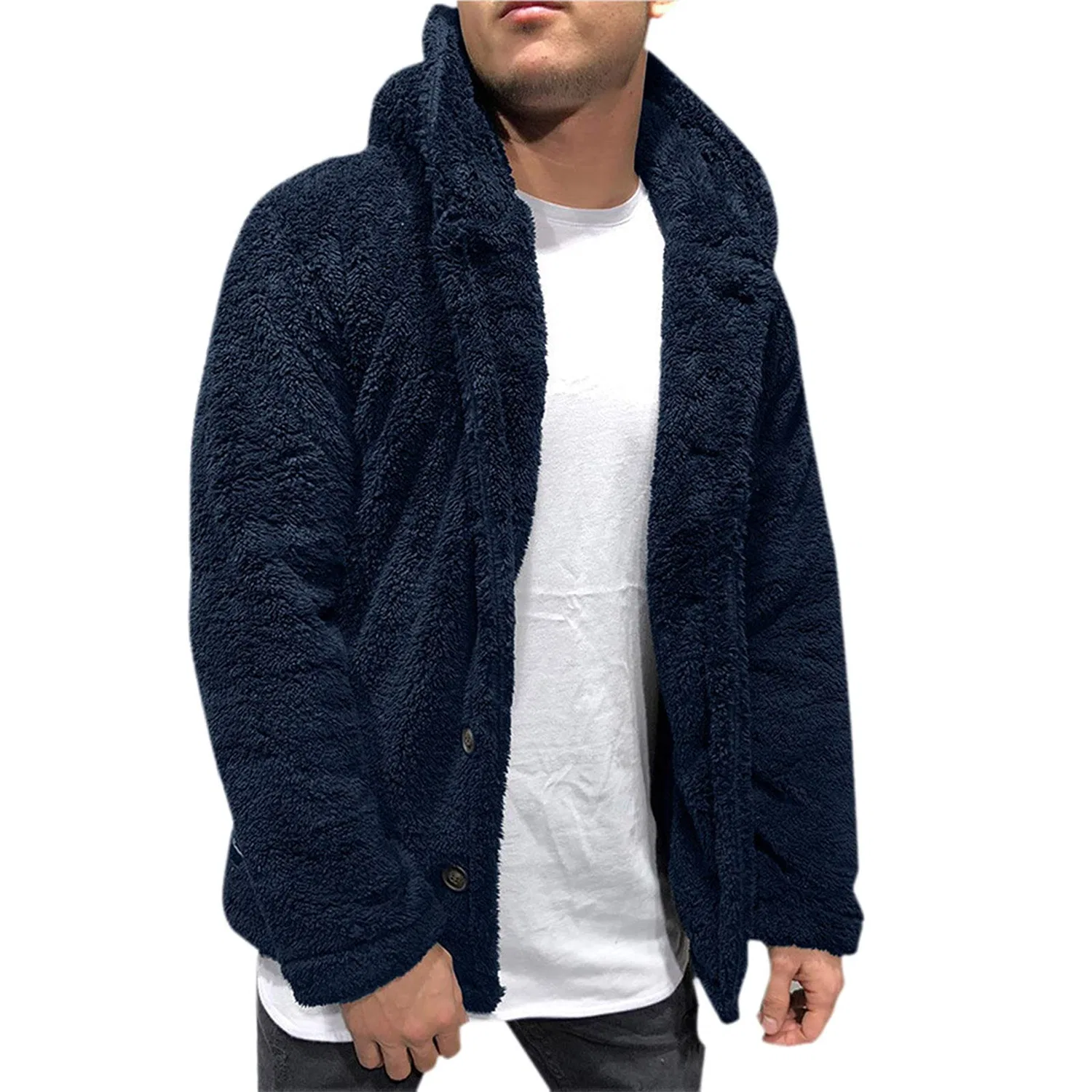 Мужская куртка из флиса с капюшоном, однотонная, с длинным рукавом, Dark Blue