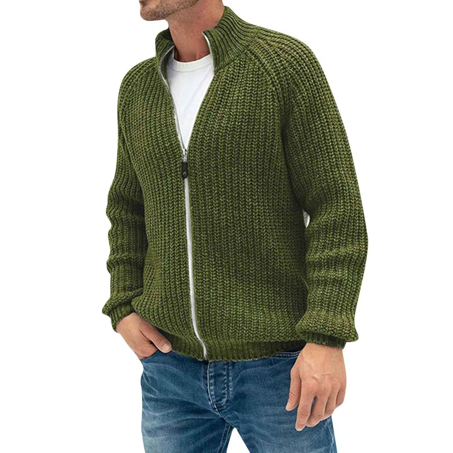 Мужской кардиган с длинным рукавом из толстого трикотажа, Green