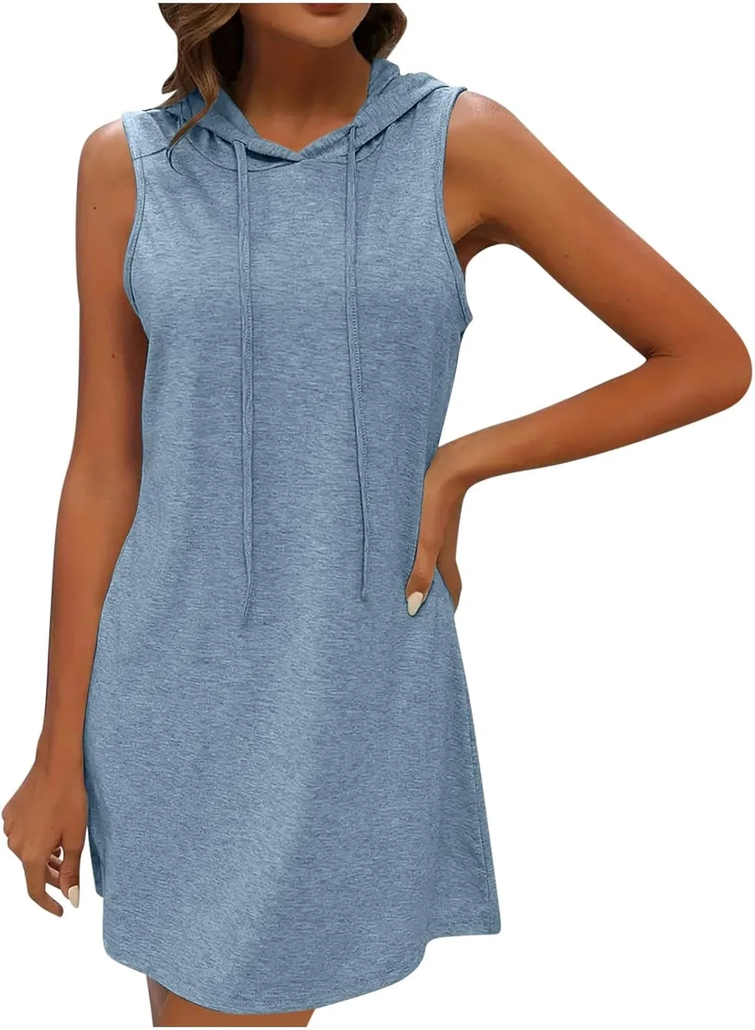 Женское повседневное платье с капюшоном, без рукавов, завязками, Cotton, Sky Blue