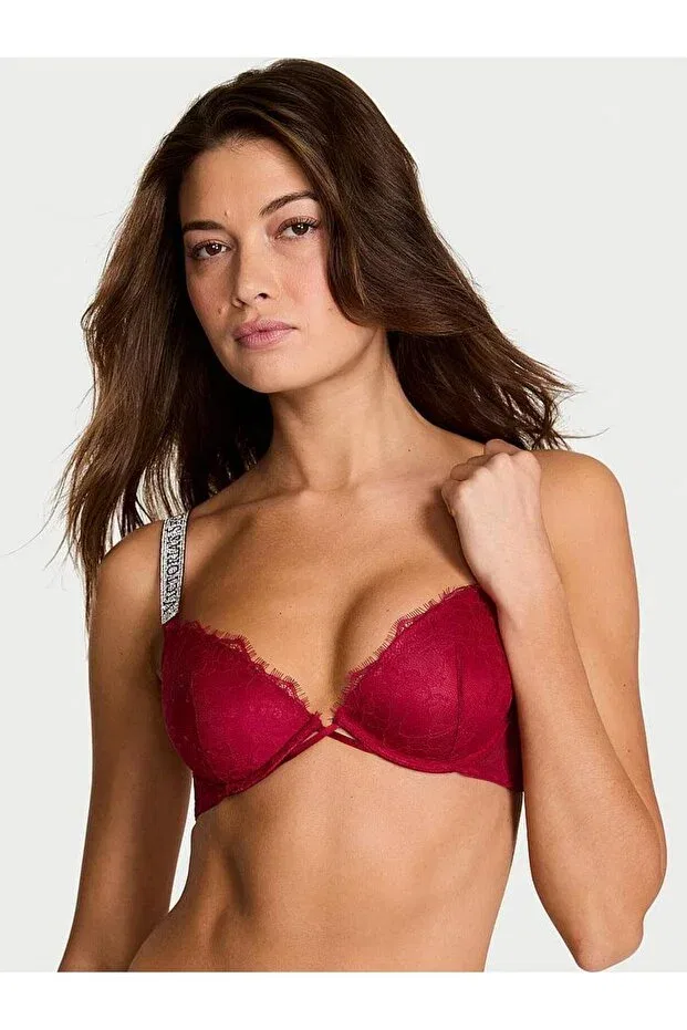 Женский бюстгальтер с кружевом Sparkling strap lace lightly padded supportive low-cut demi bra Victoria'S Secret, Bright Red