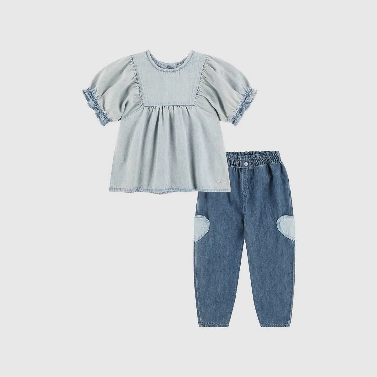 Комплект из топа с кокеткой и брюк-баллонов для девочек 4-6 лет Levi's, Bauhaus Blues - Blue