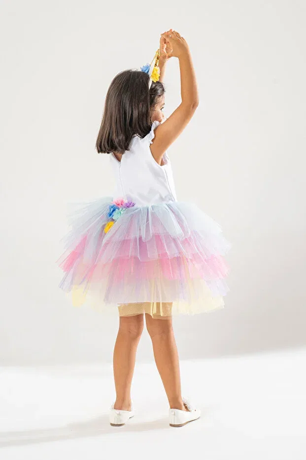 Детское платье для девочек с принтом Lol unicorn themed girl's white birthday dress & party costume with crown gift Yağmur Kostütüm, White — фото 3