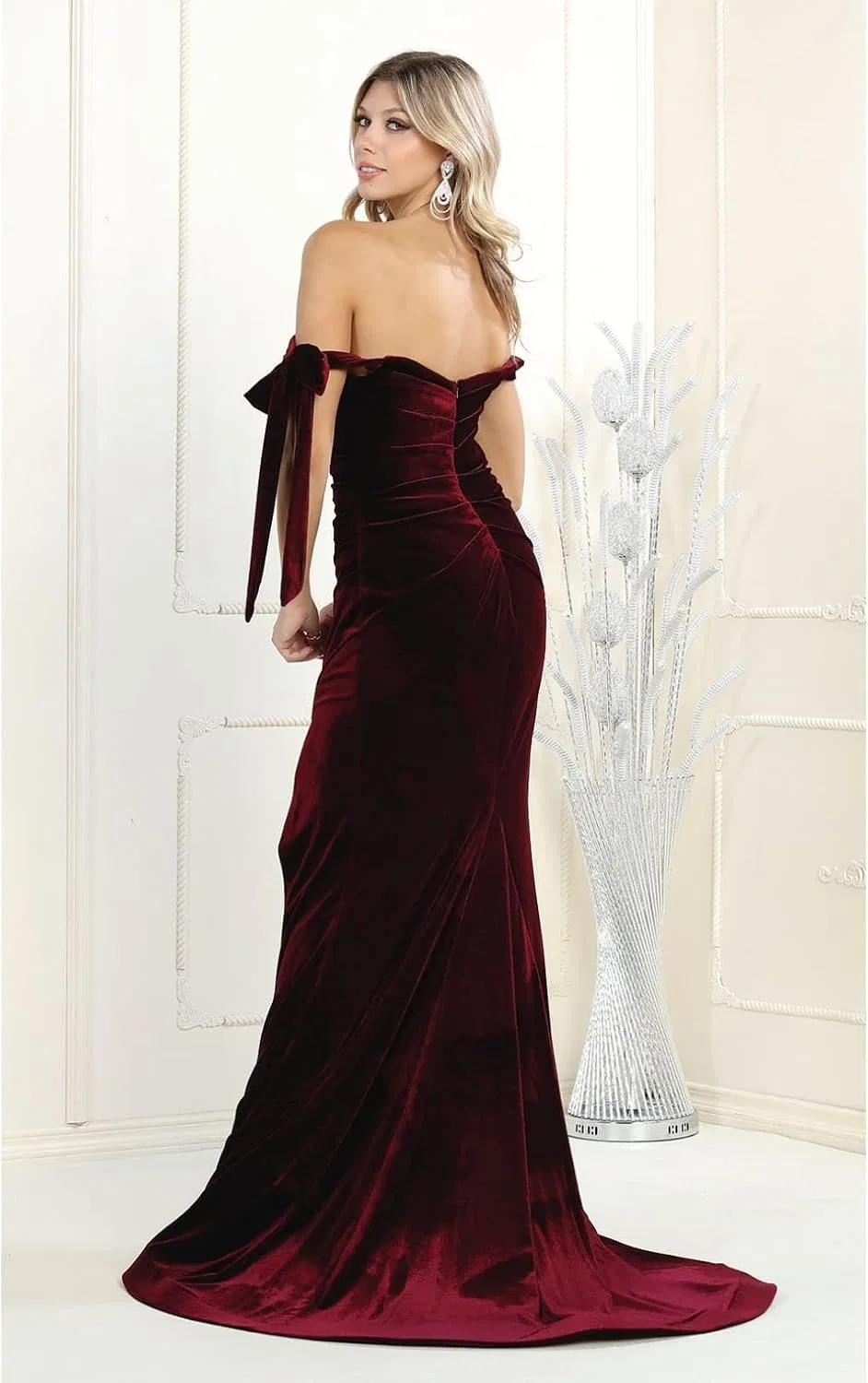 Женское вечернее платье из бархата, Off the Shoulder High Slit Ruched Evening Gala Gown, бордовый — фото 2