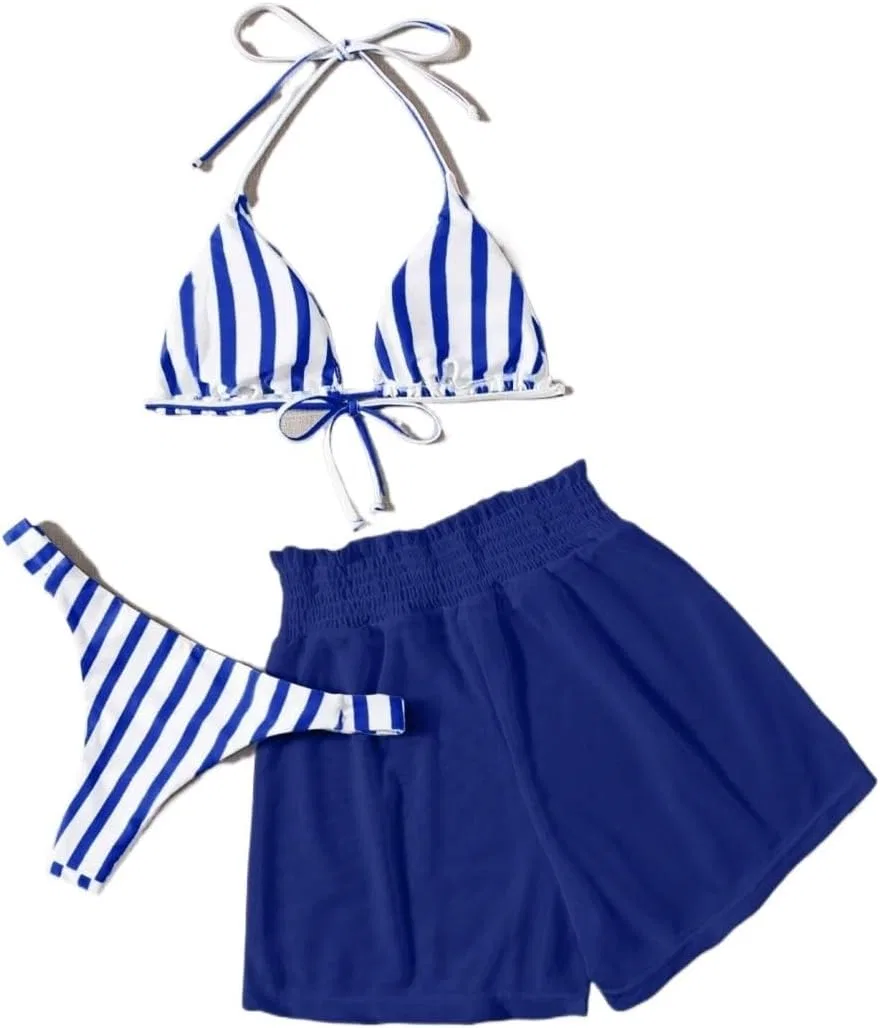 Женский бикини-сет с высокой талией в полоску, Royal Blue