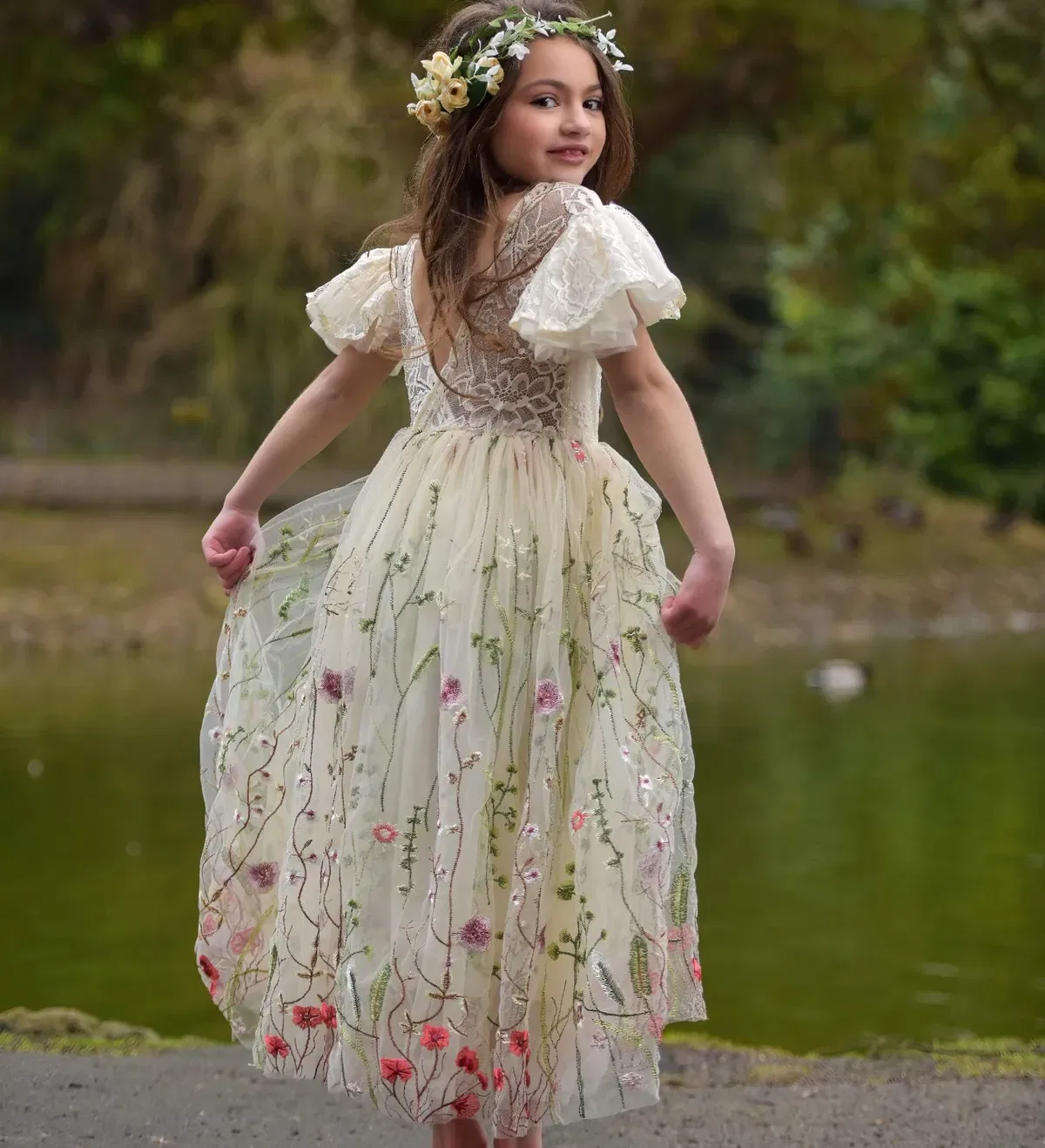 Платье с принтом Whispering Poppy Uk Flower Girl Boutique, Cream — фото 3