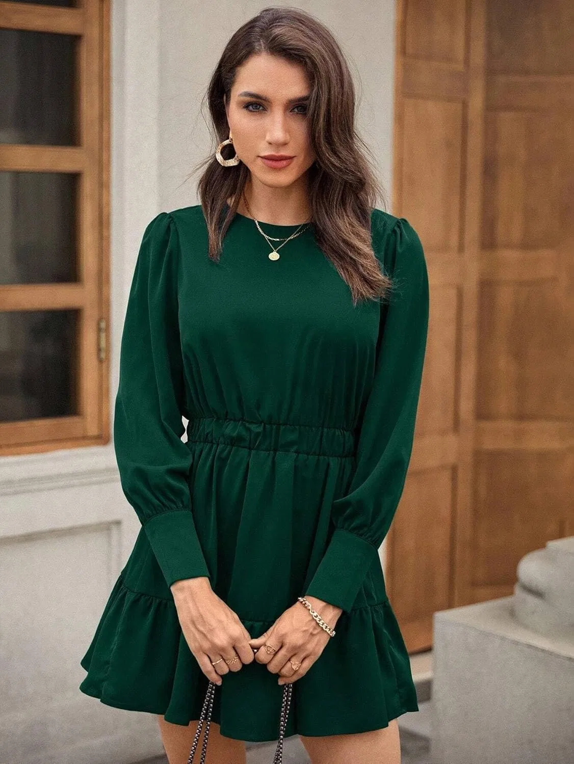 Женское A-силуэта платье с воланами и пуговицами, Dark Green — фото 4