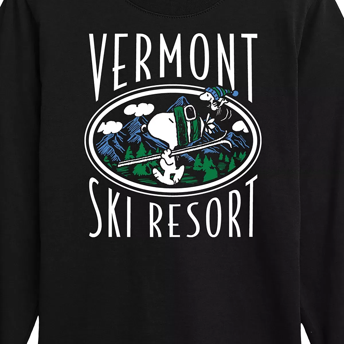 Детская футболка с длинным рукавом с принтом Snoopy and Woodstock Vermont Ski Resort Peanuts, Navy — фото 2