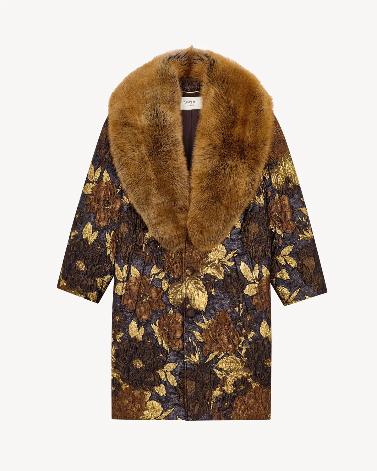Пальто-кокон с воротником-шалькой из овчины Saint Laurent, коричневый