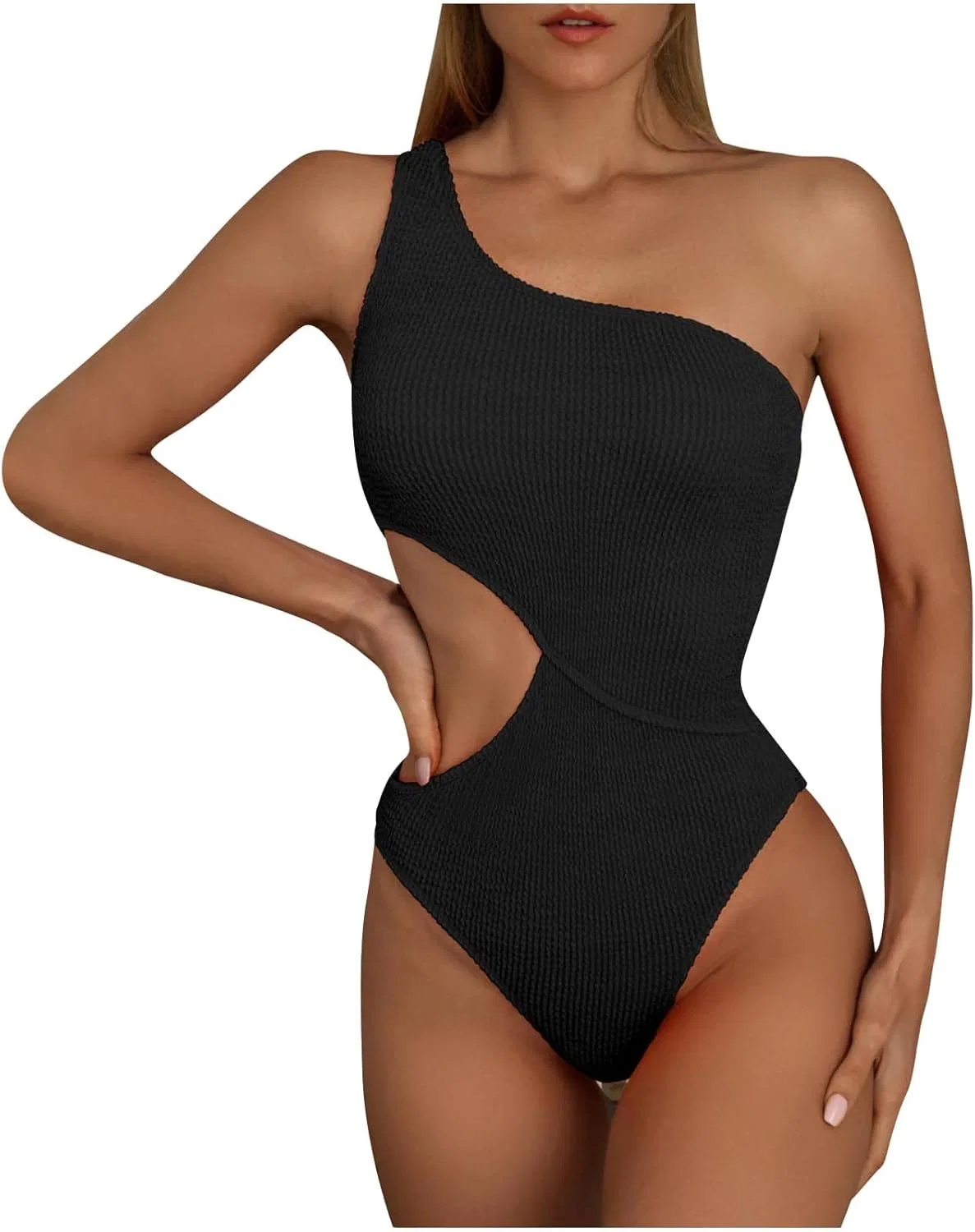 Женский цельнокроеный купальник с вырезом на плече Ribbed, Black