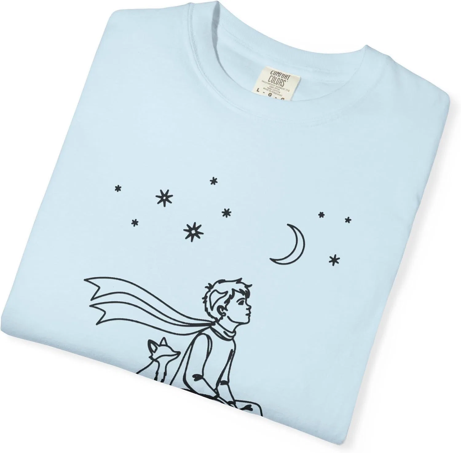 Женская футболка с принтом Embroider Classic French Illustration Prince Line Art | French Quote On ne voit bien qu'avec le cœur, Chambray — фото 4