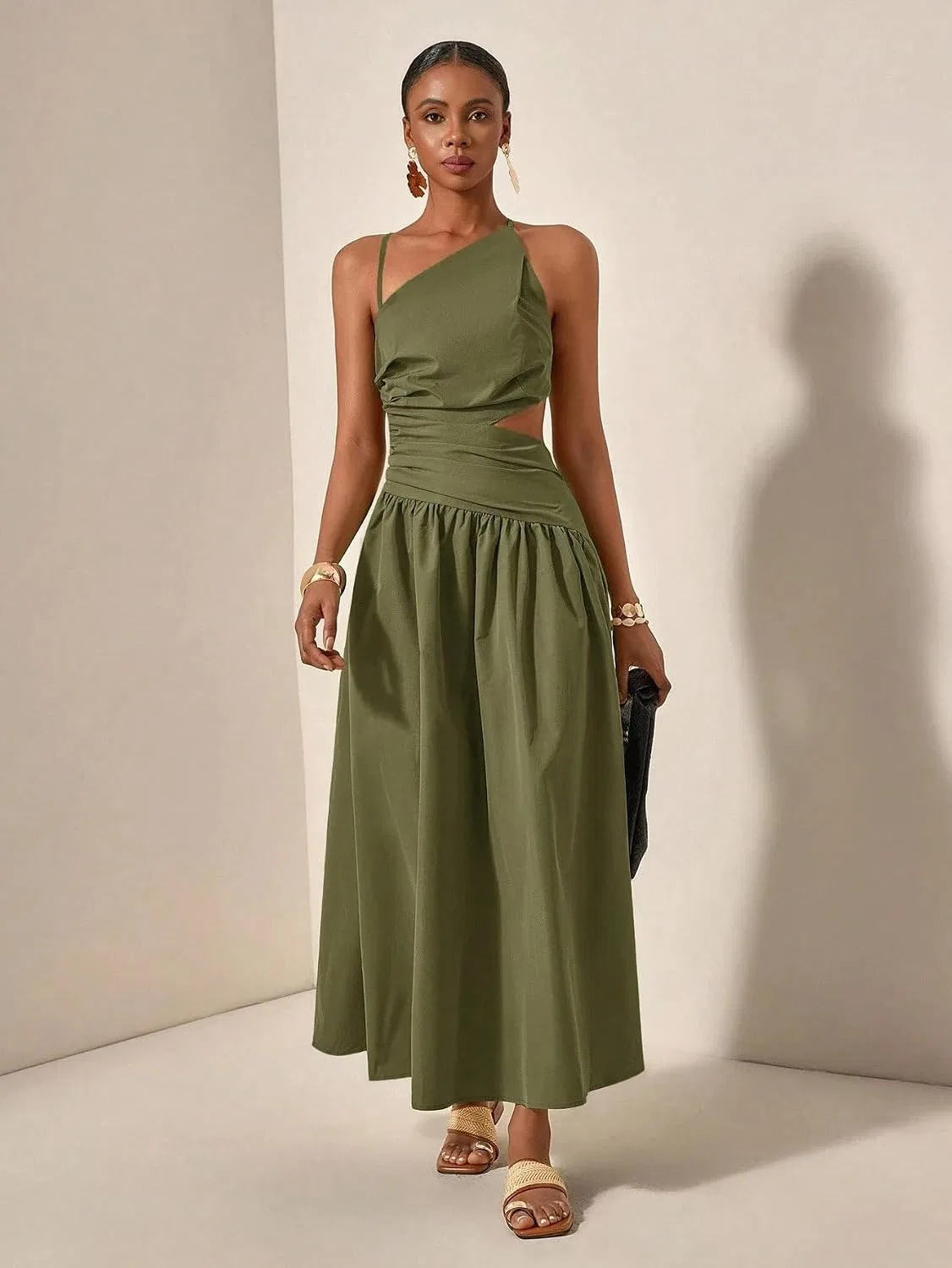 Женское длинное платье на бретелях с вырезами A-line, Army Green — фото 3
