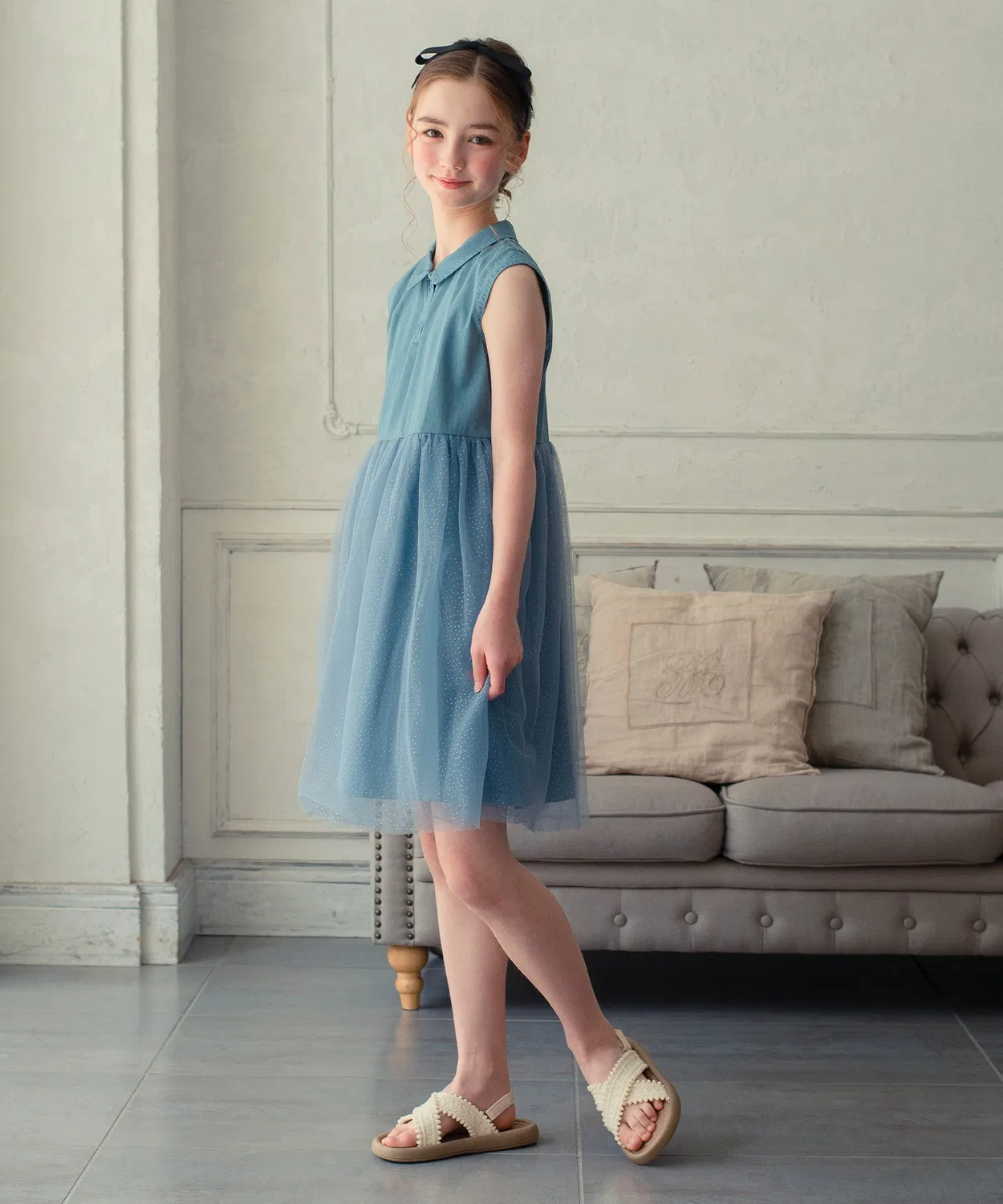 Детское платье без рукавов с принтом в горошек Light Denim Tulle DRESCCO, Blue — фото 4