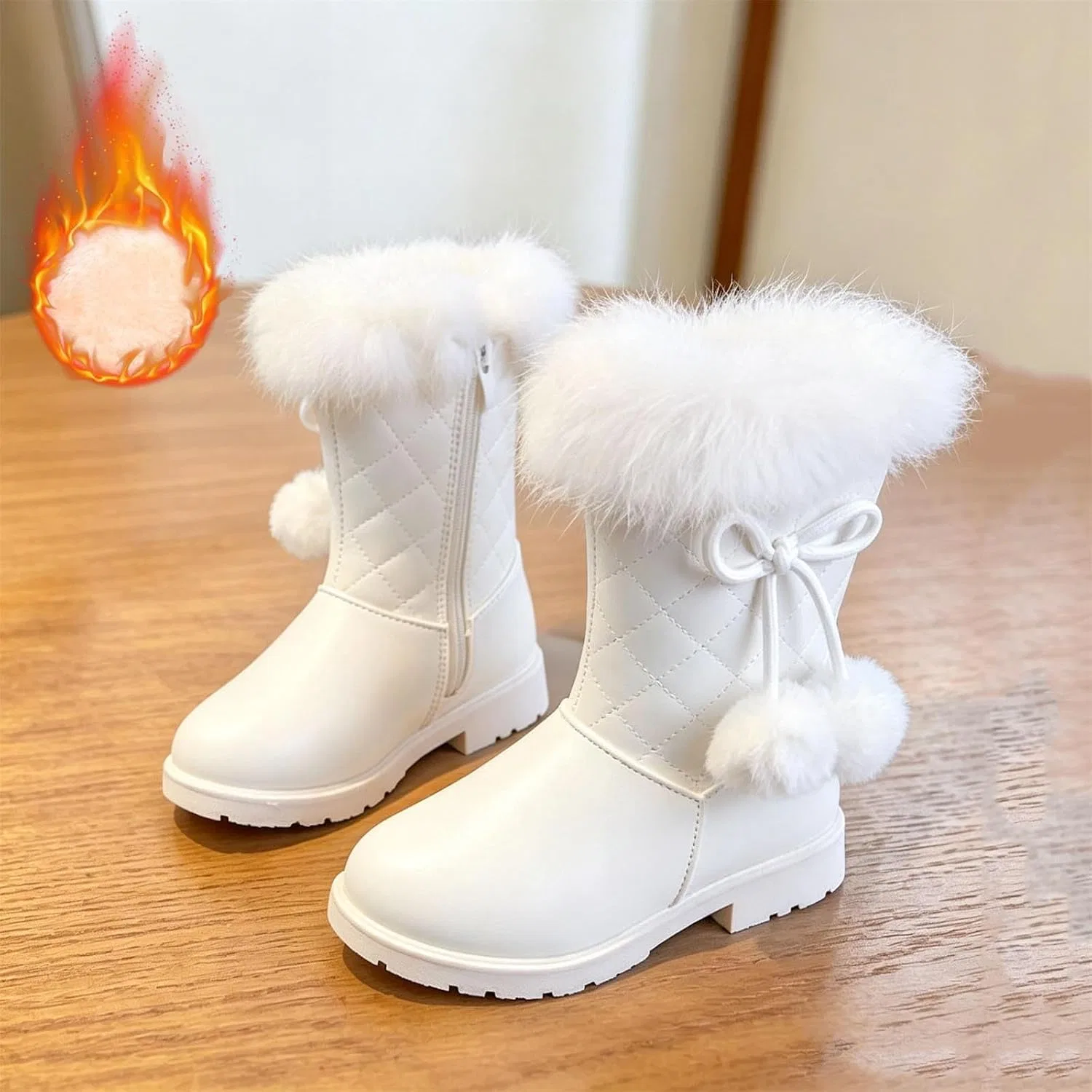Детские зимние сапоги для девочек с меховой подкладкой и бантом SHOPESSA, White — фото 2