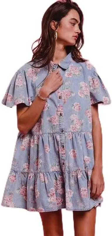 Женское джинсовое платье А-силуэта с цветочным принтом, Light Blue Print
