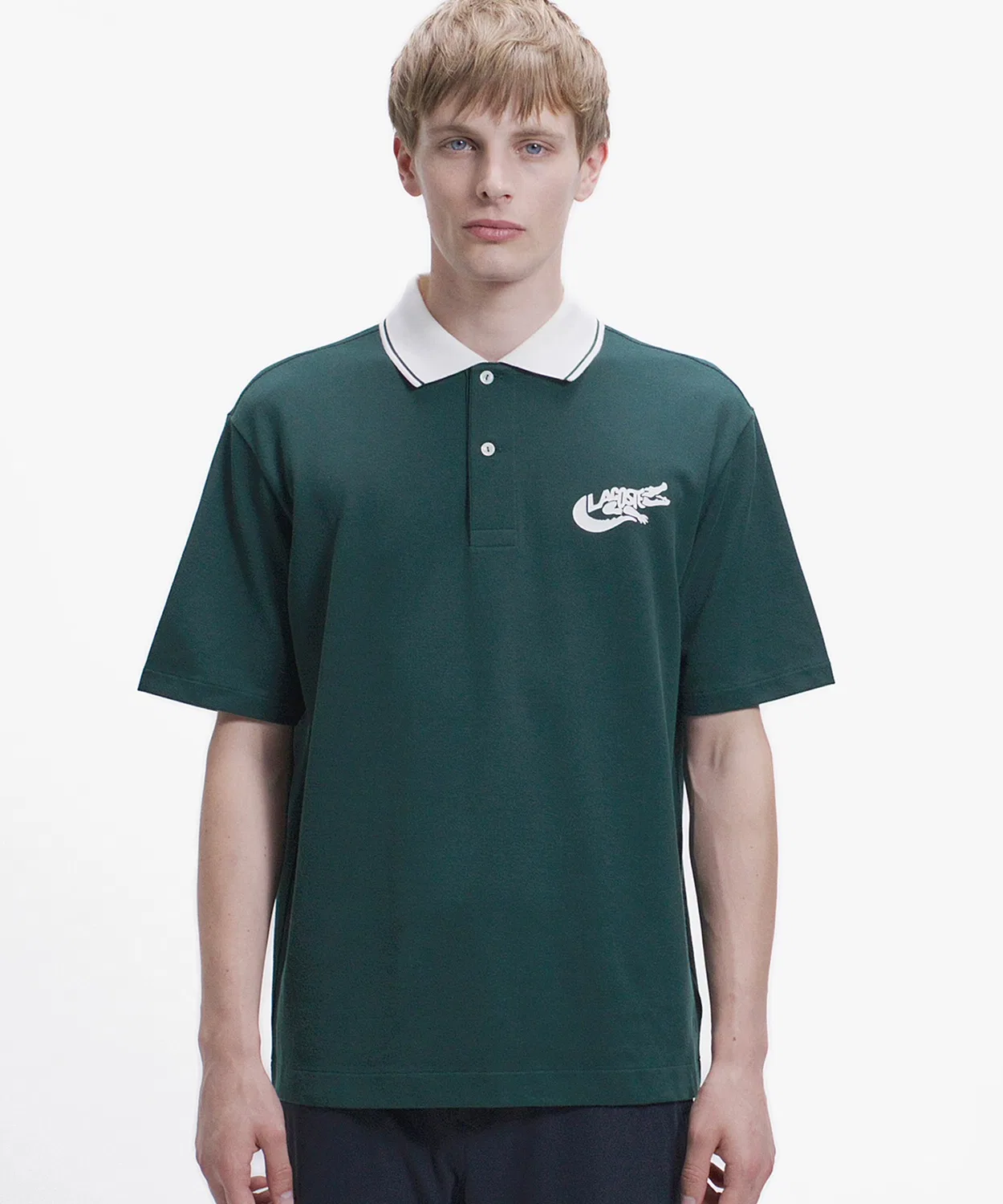 Мужская футболка-поло с принтом и полосами, модель Graphic Border LACOSTE, Dark Green